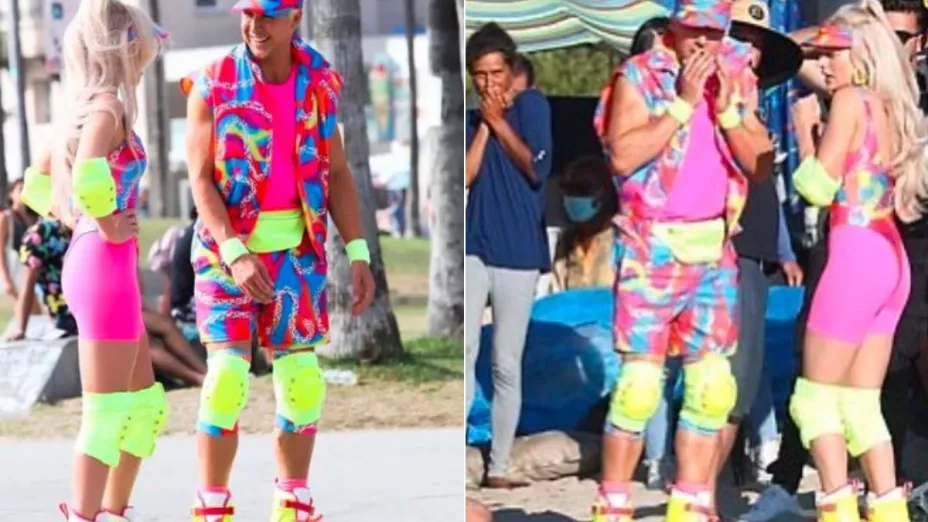 Nalgada a Margot Robbie y el grito de Ryan Gosling en grabación de Barbie acapara las miradas en Venice Beach, California