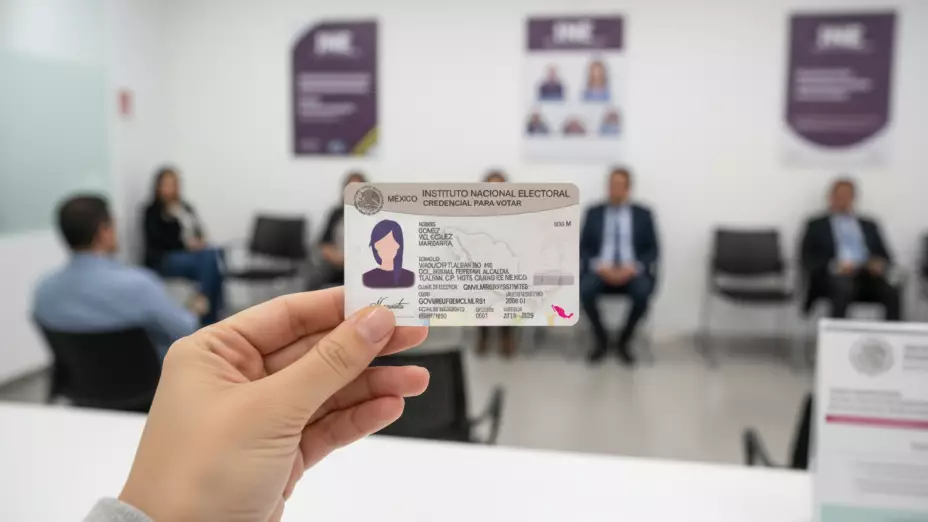 La mano de una mujer que sostiene una credencial del INE para su renovación