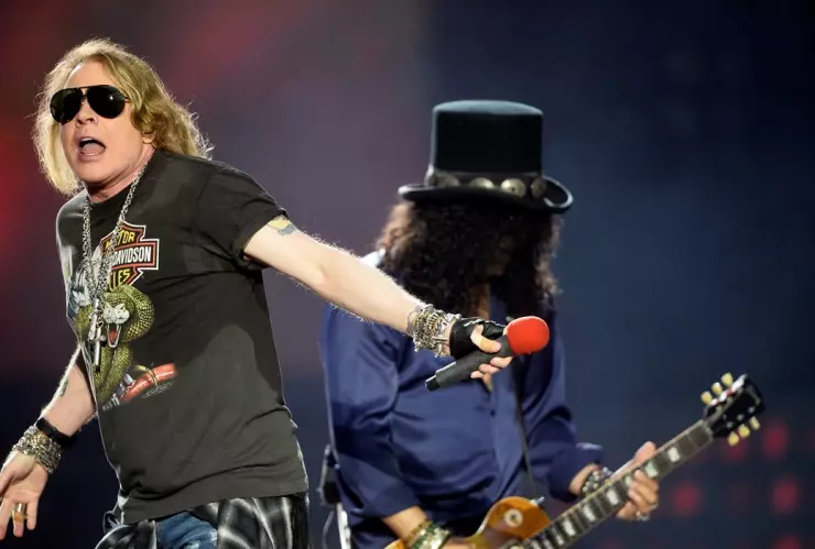 Axl Rose and Slash of U.S. rock band Guns N’ Roses perform at the San Mames football stadium in Bilbao