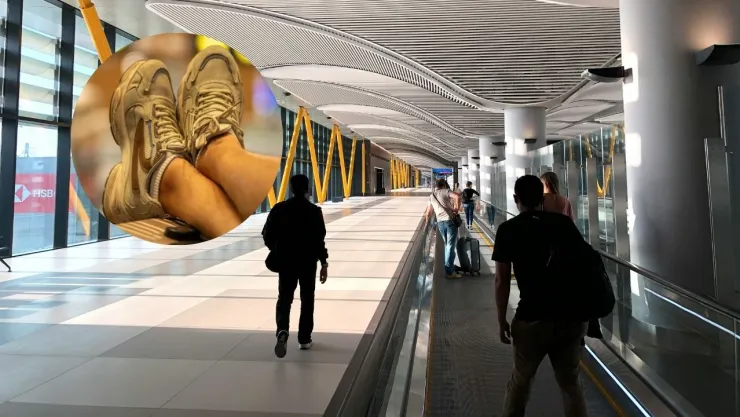 Imagen de personas caminando en pasillo de aeropuerto y de pies descansando sobre una maleta.