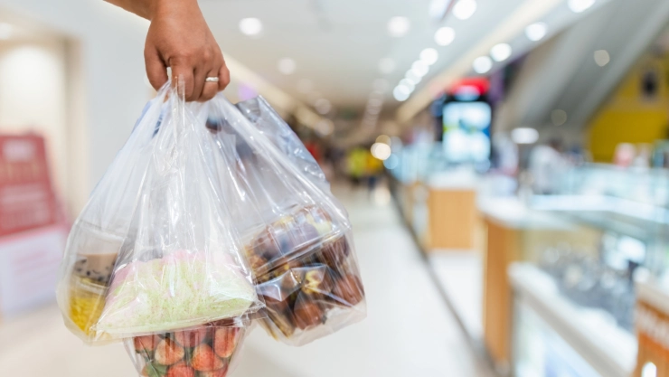 Una persona sostiene bolsas en un supermercado