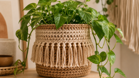 Maceta estilo boho con flecos