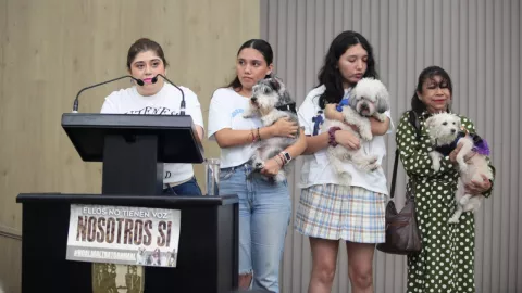 Cuatro mujeres, con edades que varían de jóvenes a adultas, posan en el centro de una sala, con cortinas grises de fondo. En el lado izquierdo, una mujer con una camiseta blanca está de pie detrás de un podio oscuro con un micrófono, donde se puede leer la frase “ELLOS NO TIENEN VOZ NOSOTROS SÍ". En el medio, dos mujeres jóvenes sostienen un perro cada una: una con un perro de pelaje oscuro y blanco, y la otra con un perro de pelaje claro y esponjoso. En el lado derecho, una mujer mayor con un vestido verde estampado sostiene un perro blanco de pelaje liso.