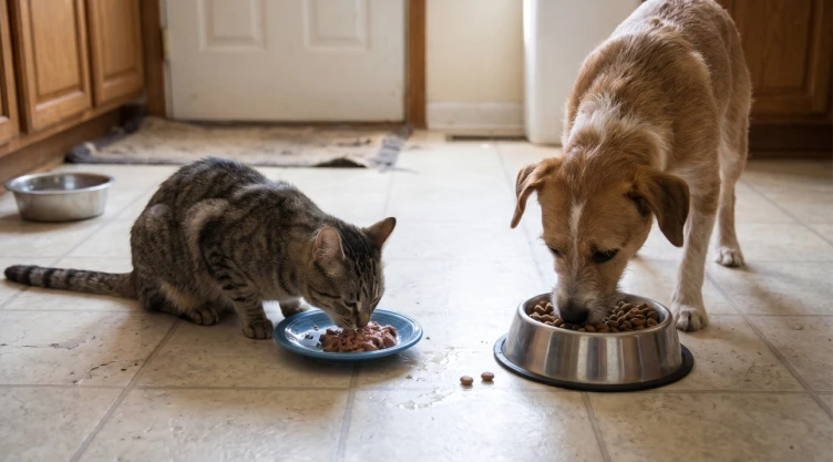 Un gato comiendo alimento húmedo en un plato azul y un perro comiendo croquetas en un tazón metálico dentro de una cocina, destacando por qué debes lavar el plato de tu perro o gato todos los días.