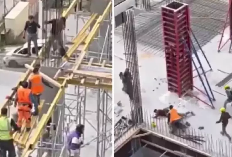 Albañiles se pelean en lo alto de una construcción y queda grabado; video.jpg