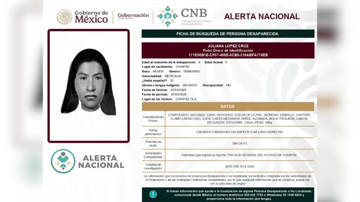 Ficha de la Comisión Nacional de Búsqueda sobre Juliana López Cruz, desaparecida el 6 de marzo de 2026