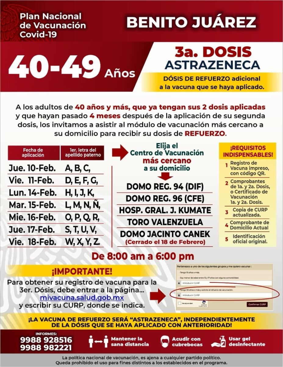 Anuncian tercera dosis para adultos mayores de 40 en Benito Juárez