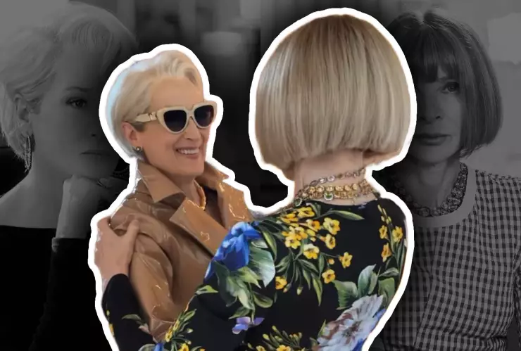 Meryl Streep, actriz que interpreta a Miranda Priestly, y Anna Wintour se encuentran en desfile de la Milan Fashion Week 2025