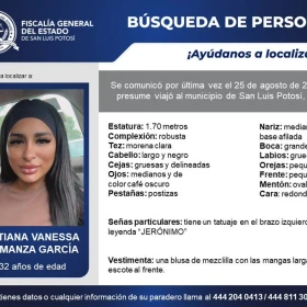 Desaparece colombiana Tatiana Vanessa Almanza García en San Luis Potosí.