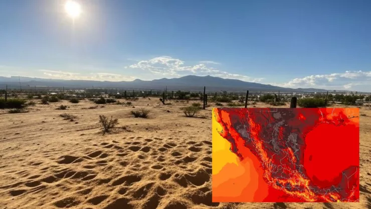 El mapa satelital de cómo se vería la temporada de calor en México 2025 con el fondo de una imagen del desierto.