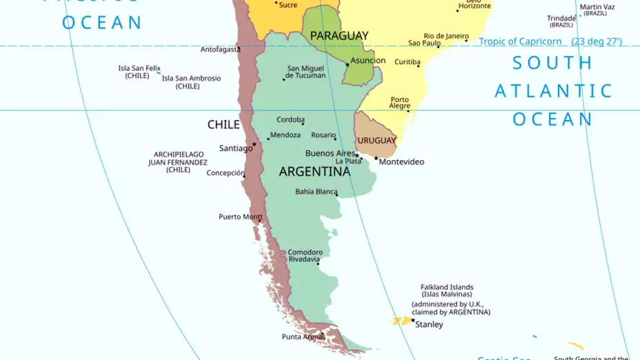 Mapa de Chile y Argentina.