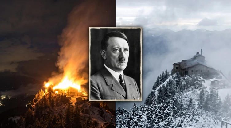 Composición fotográfica de El Nido del Águila en llamas de noche y nevado de día, con un retrato en blanco y negro de Adolf Hitler al centro