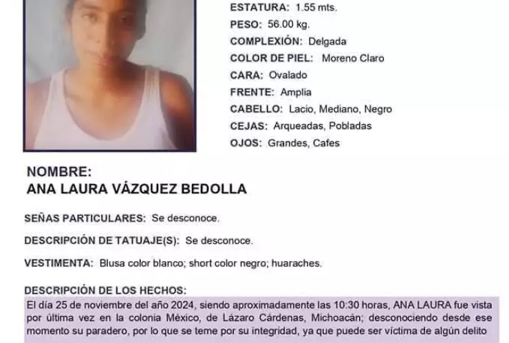ficha de búsqueda Ana Laura Vázquez bebé en Michoacán