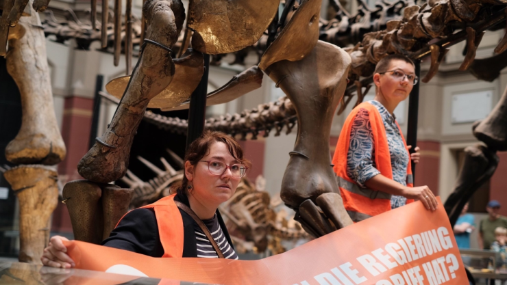 activistas climáticos se pegan a esqueleto de dinosaurio