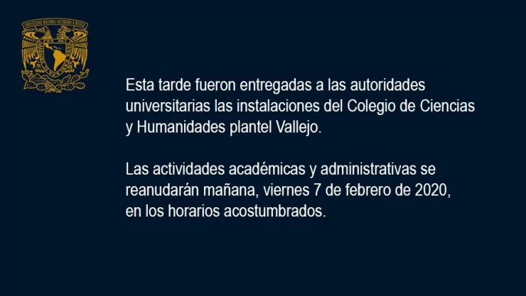 UNAM informa sobre entrega de plantel Vallejo