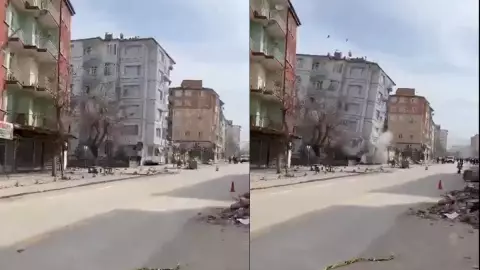 Se derrumba edificio tras sismo en Turquia.