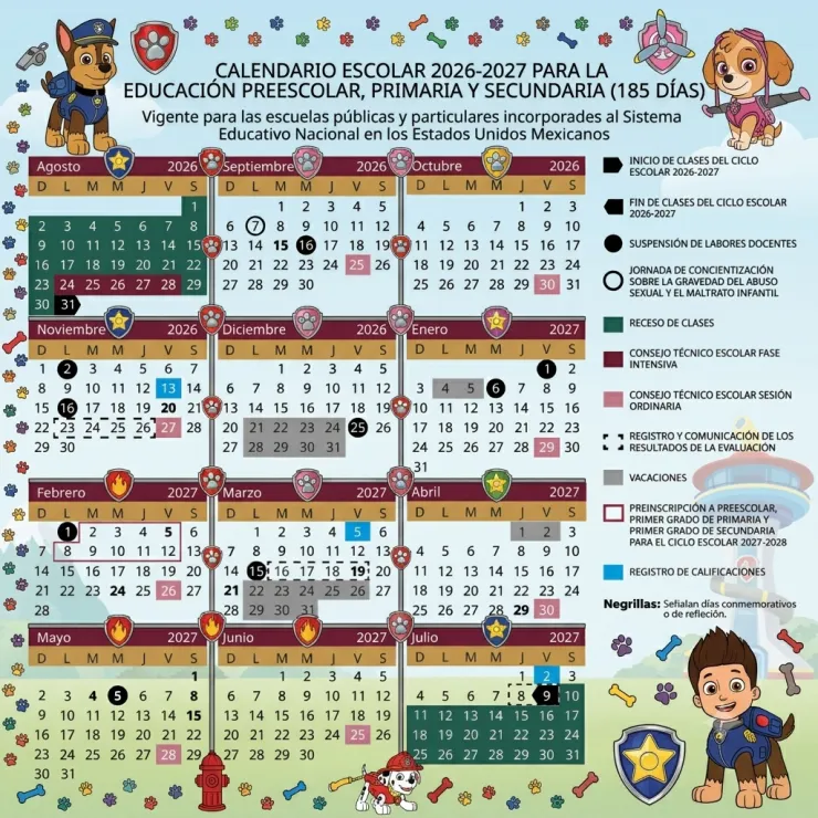 Calendario escolar de Paw Patrol.