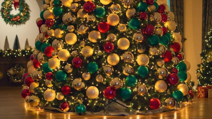 una foto de un árbol de Navidad con esferas de color rojo, verde y dorado