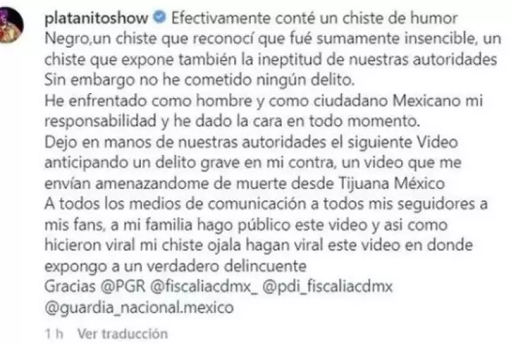 Platanito reacciona a amenazas de muerte.