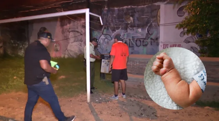 Foto de la cancha en el barrio de San Juan, Bolivia e imagen del brazo de un bebé.