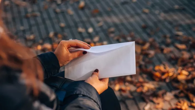 Una mujer abre un sobre con dinero.
