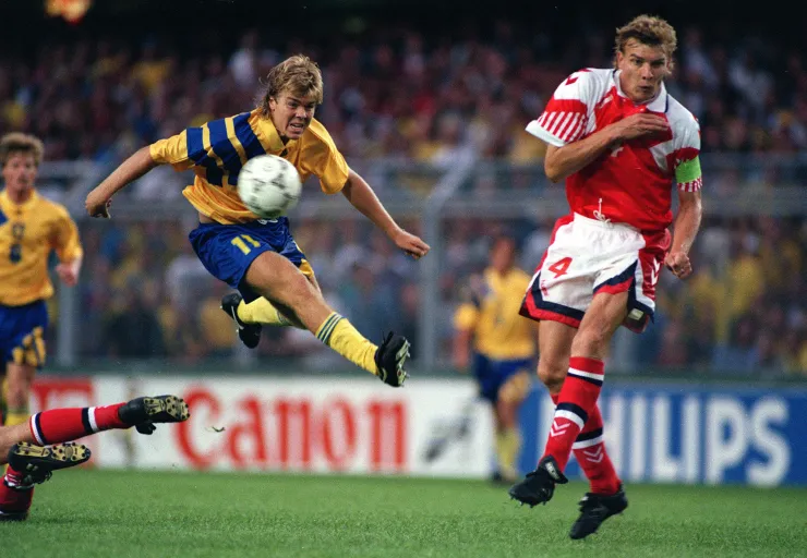 Sport, Football, 14th June 1992, European Championship, Sweden 1 v Denmark 0, Sweden’s Thomas Brolin shoots past Denmark defender Lars Olsen