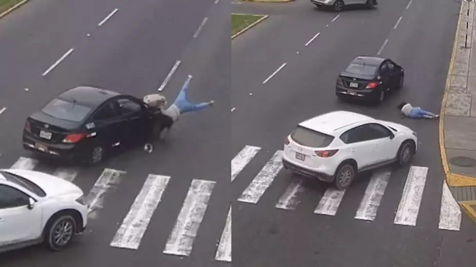 ¡Se pasó el semáforo! Conductor atropella a joven y sale volando