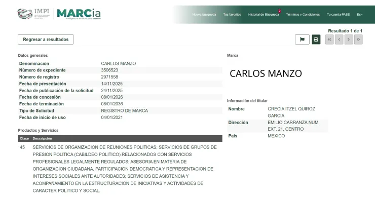 “Carlos Manzo” marca registrada por el IMPI