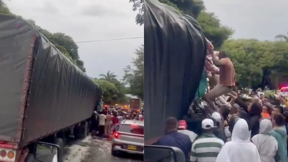 Conductor de tráiler muere en un accidente y testigos hacen mega rapiña en Colombia (VIDEO)