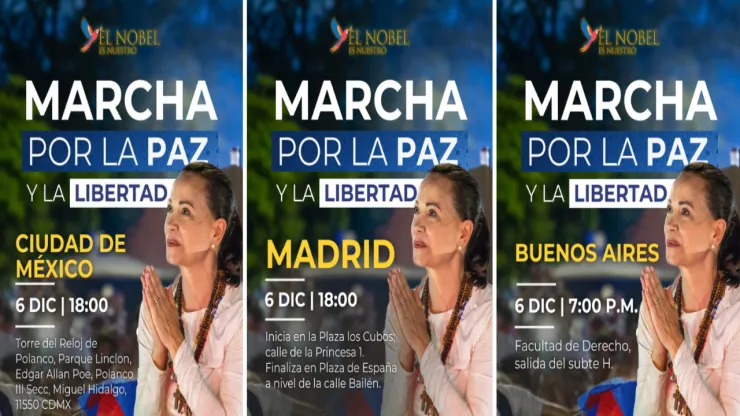 Flyers de la marcha convocada por María Corina Machado en la Ciudad de México, Buenos Aires y Madrid