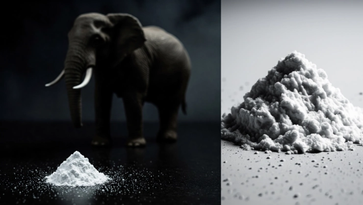 Ilustración del peligro extremo del carfentanil, un opioide sintético ultra potente, mostrando una dosis mínima junto a una referencia de tamaño, vinculado al aumento de muertes y decomisos según informe DEA.