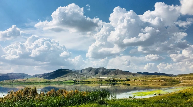Imagen de cielo nublado con montaña y bosque.