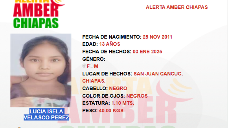 ALERTA AMBER CHIAPAS: Lucia Isela de 13 años se perdió en San Juan Cancuc