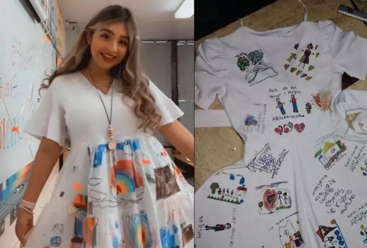 Maestras presumen sus vestidos con dibujos de alumnos