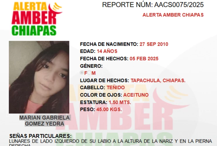 ALERTA AMBER CHIAPAS 2025: Marian Gabriela Gómez Yedra desapareció en Tapachula
