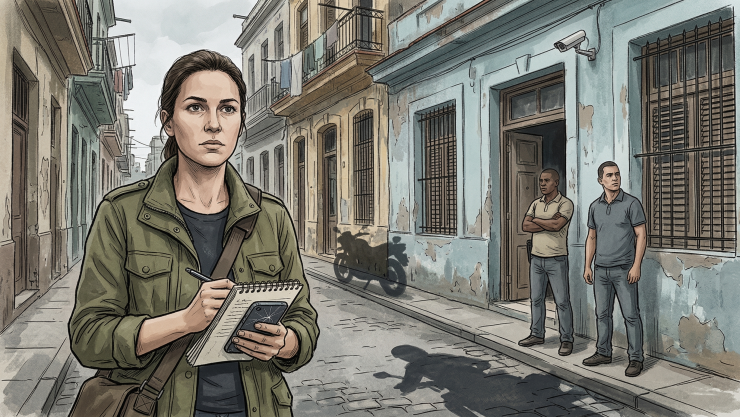 Ilustración periodística realista de una calle en La Habana, Cuba, con un ambiente tenso y gris… en primer plano, una periodista independiente sostiene una libreta y un teléfono celular dañado, mientras observa hacia el frente con expresión seria… al fondo, dos agentes de seguridad vestidos de civil vigilan frente a una vivienda modesta con rejas… alrededor, detalles que sugieren censura y vigilancia: una cámara de seguridad, sombras de patrullaje, una puerta entreabierta y un ambiente de hostigamiento.