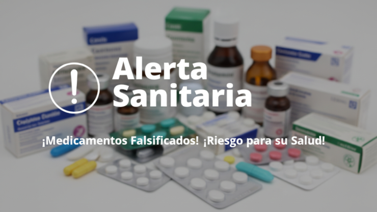 Banner de alerta sanitaria por medicamentos falsificados que ponen en riesgo la salud; de fondo hay plantillas de pastillas, frascos y cajas de medicinas
