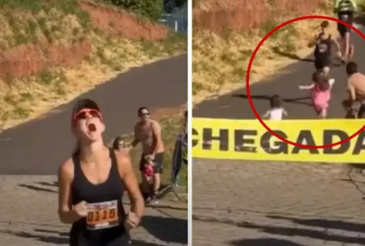 ¡Casi arruina el triunfo! Hombre atraviesa a sus hijos en carrera de su esposa antes de que gane