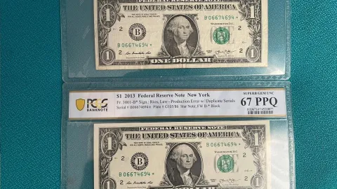 Uno de los pares de billetes de dólar que tiene el mismo número de serie.