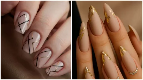 modelos de uñas beige con dorado y negro