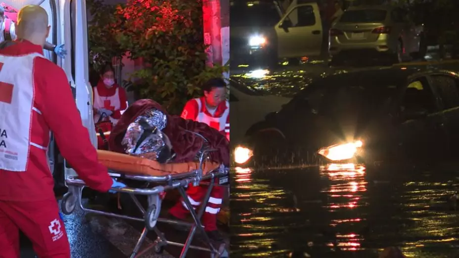 Servicios de emergencias trasladan a un hombre lesionado por derrumbe de bóveda y autos varados por inundaciones tras tormenta en Guadalajara