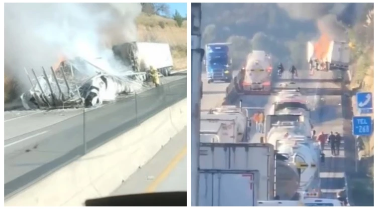 Accidente Autopista Arco Norte Hoy_ Caos y cierre total por choque e incendio en tramo Sanctorum-Texmelucan, dirección Puebla. En la imagen se observa la gravedad del accidente sobre la carretera.