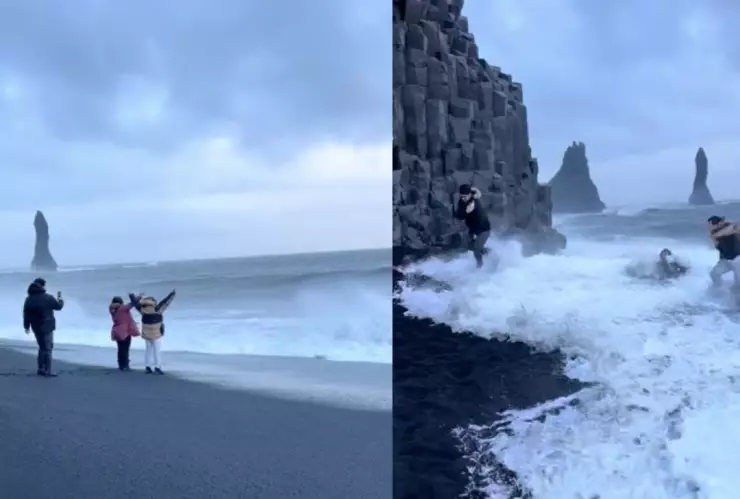 Turistas son arrastrados por una ola en playa de Islandia