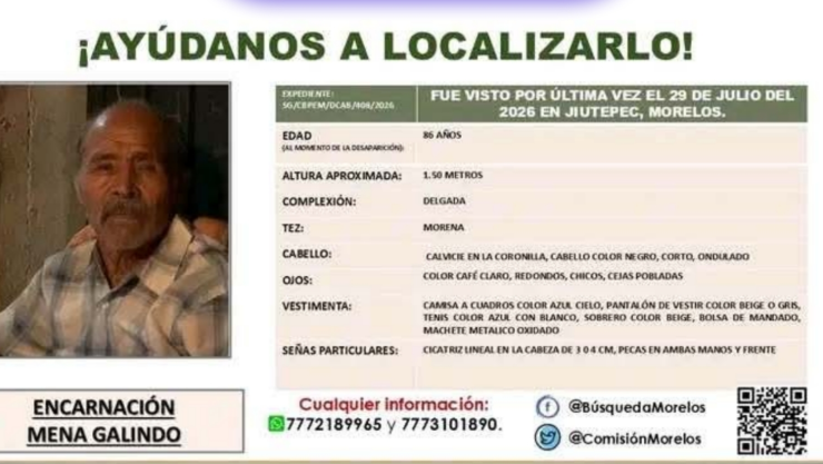 SE BUSCA a Encarnación Mena Galindo, adulto mayor desaparecido en Jiutepec.