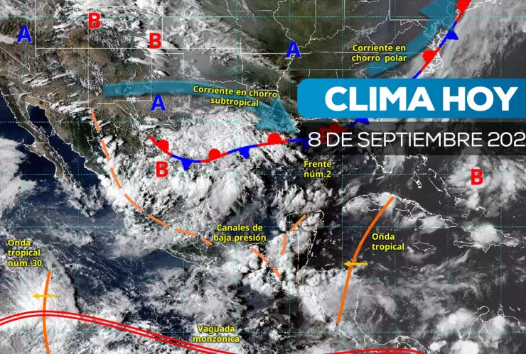 Mapa satelital de cómo estará el clima en México este 8 de septiembre de 2025