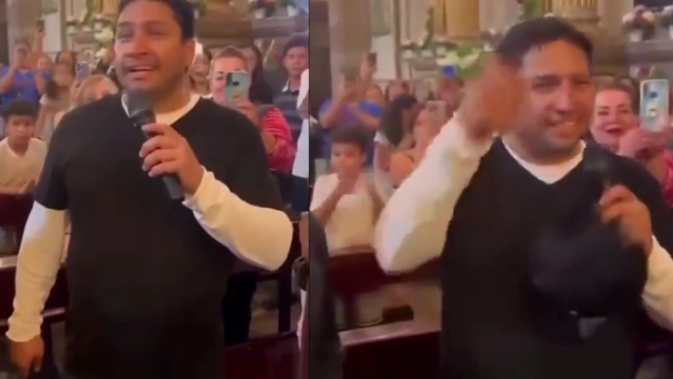 ¡De rodillas y cantando! Julión Álvarez sorprende a feligreses en el santuario de Talpa