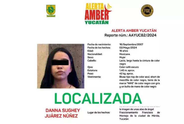 Desactivan Alerta Amber tras localizar a menor de 16 años en Yucatán