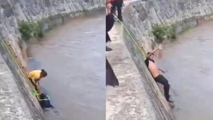 Joven en supuesto estado de ebriedad cae a un río en Chiapas y es rescatado por su mamá