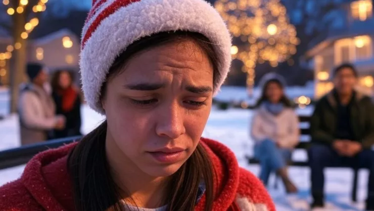 Una mujer de mediana edad que porta un gorro de Navidad se encuentra triste mientras de fondo se observa a las personas disfrutar de la época decembrina para reflejar cómo afecta Trastorno Afectivo Estacional a quienes lo padecen.