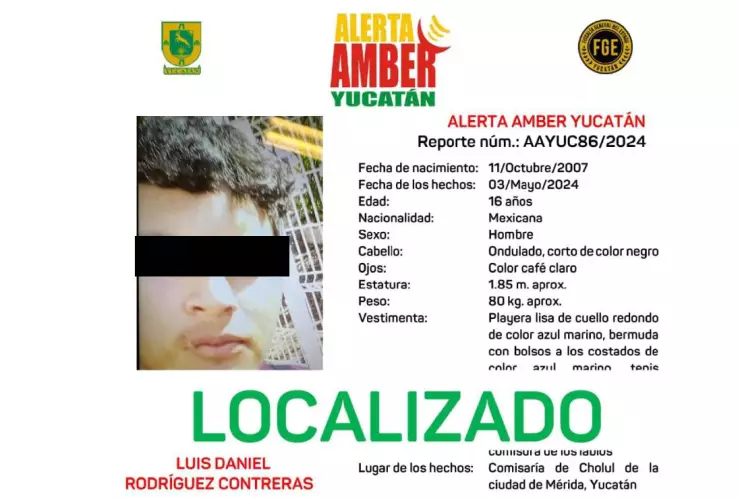 Alerta Amber_ Localizan a joven de 16 años reportado como desaparecido en Yucatán